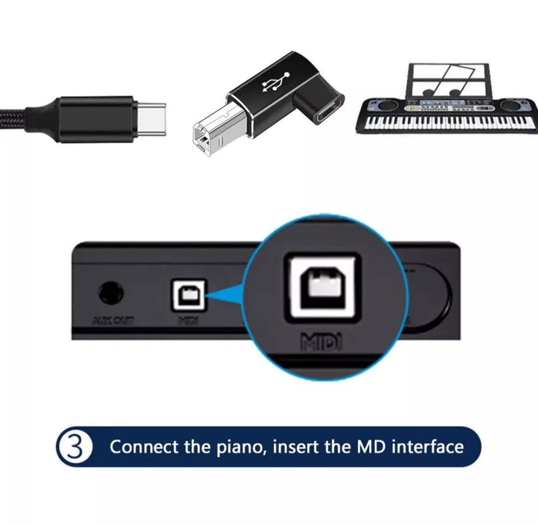 USB Type B printer adapter showing connection between USB C cable and printer device