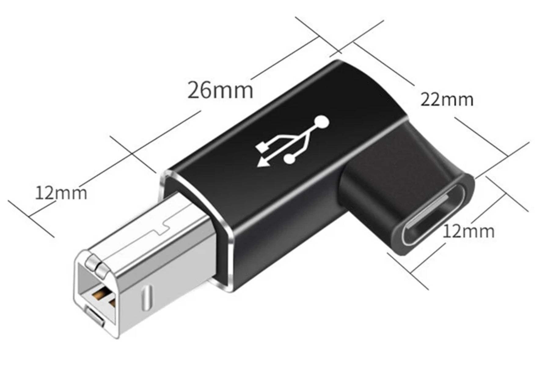 USB Type B male to USB C female adapter showing product dimensions and compact design
