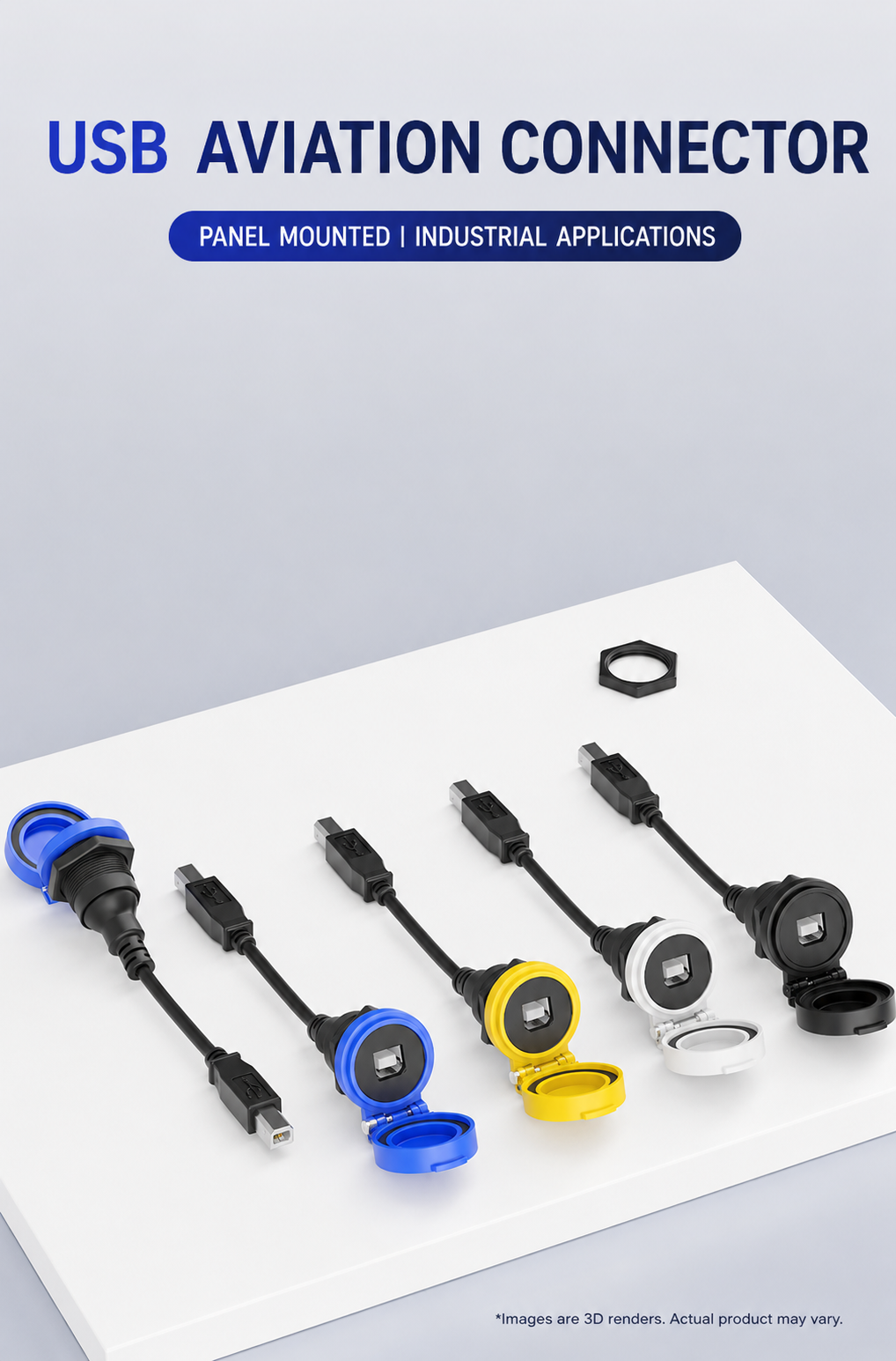 USB aviation connectors with color-coded ends on a white surface with a gray background.