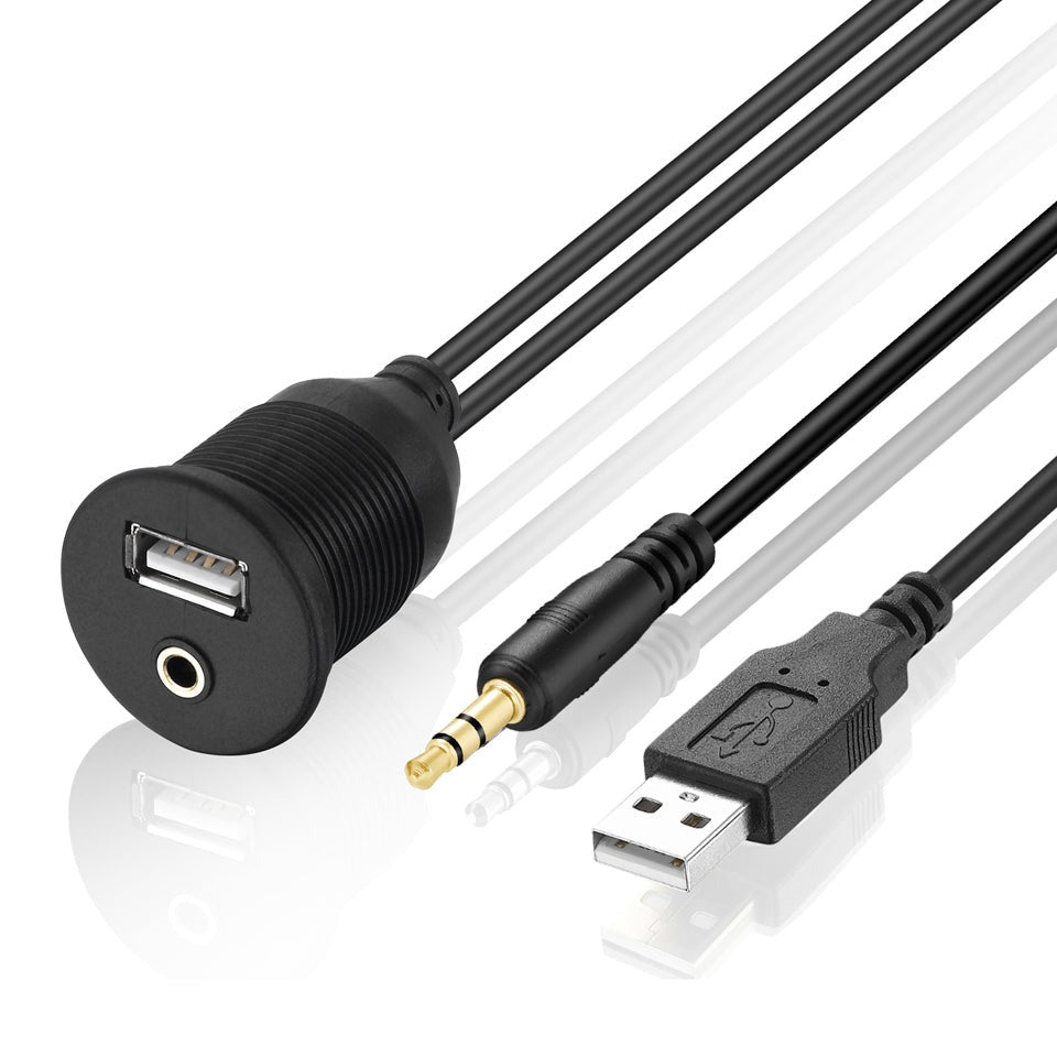 USB 2.0 + 3.5mm AUX 1/8" Audio Water Resistant Extension Cable For Truck Trailer Boat Motorcycle