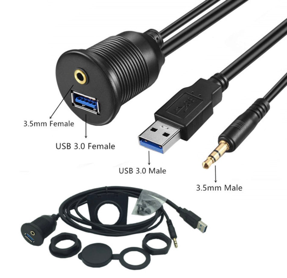 USB and AUX panel mount extension cable with mounting accessories
