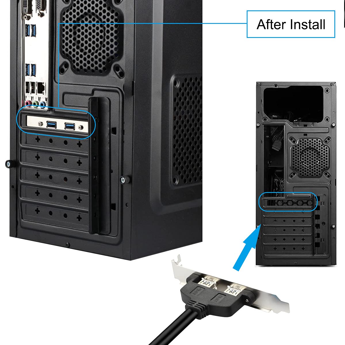Computer case with USB ports before and after installation, showing a cable with USB connectors.