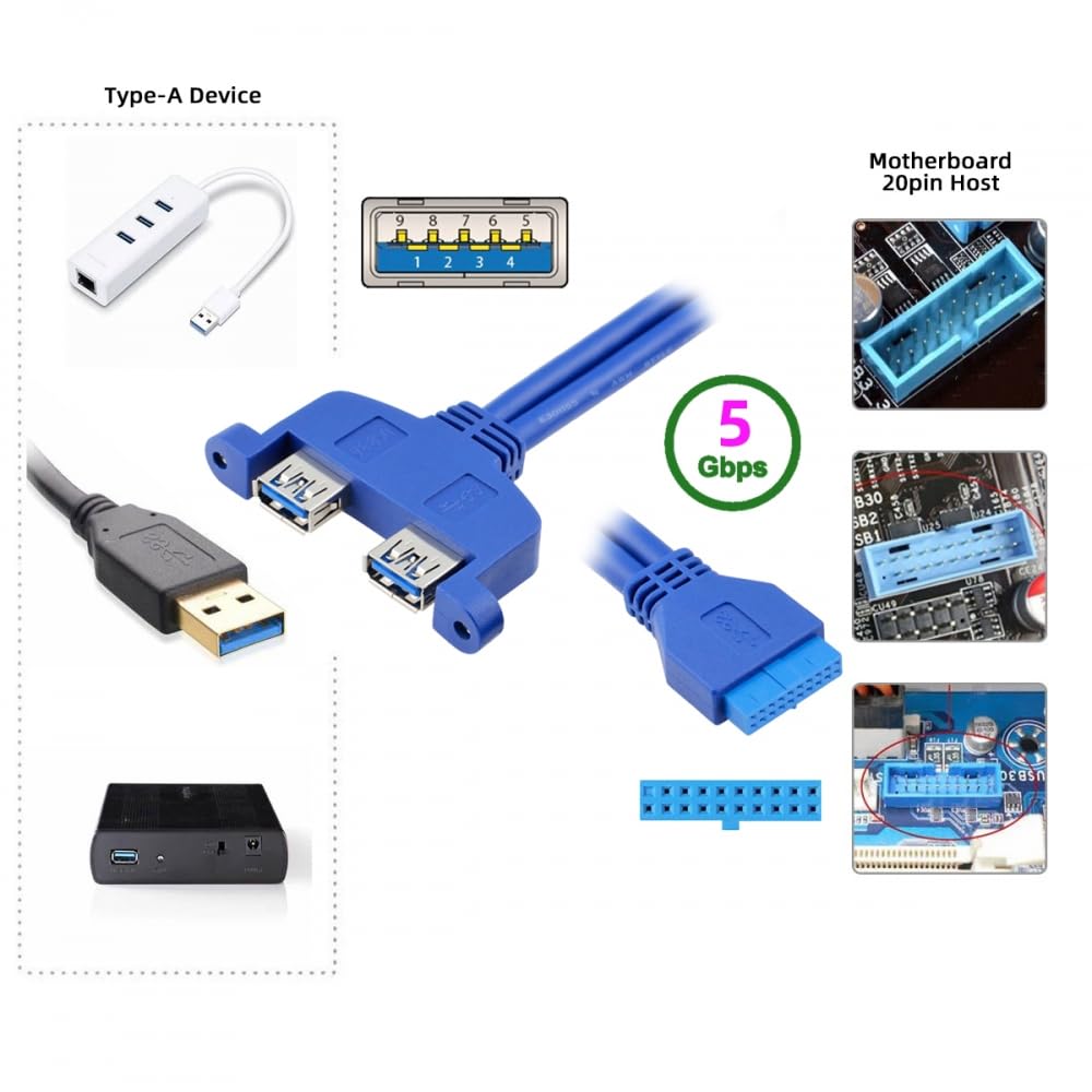 Collection of USB components including a blue USB extension cable and connectors on a white background.