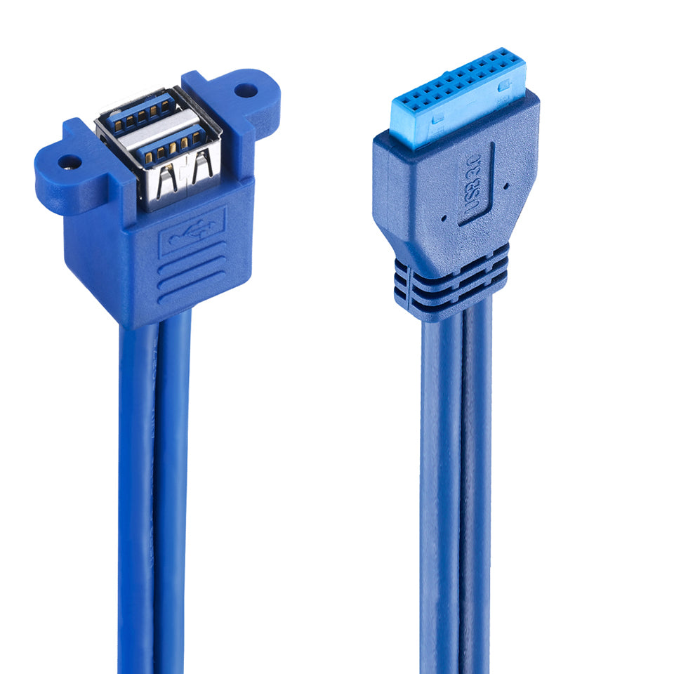 Close-up of USB 3.0 20-pin motherboard connector and dual USB-A panel mount ports