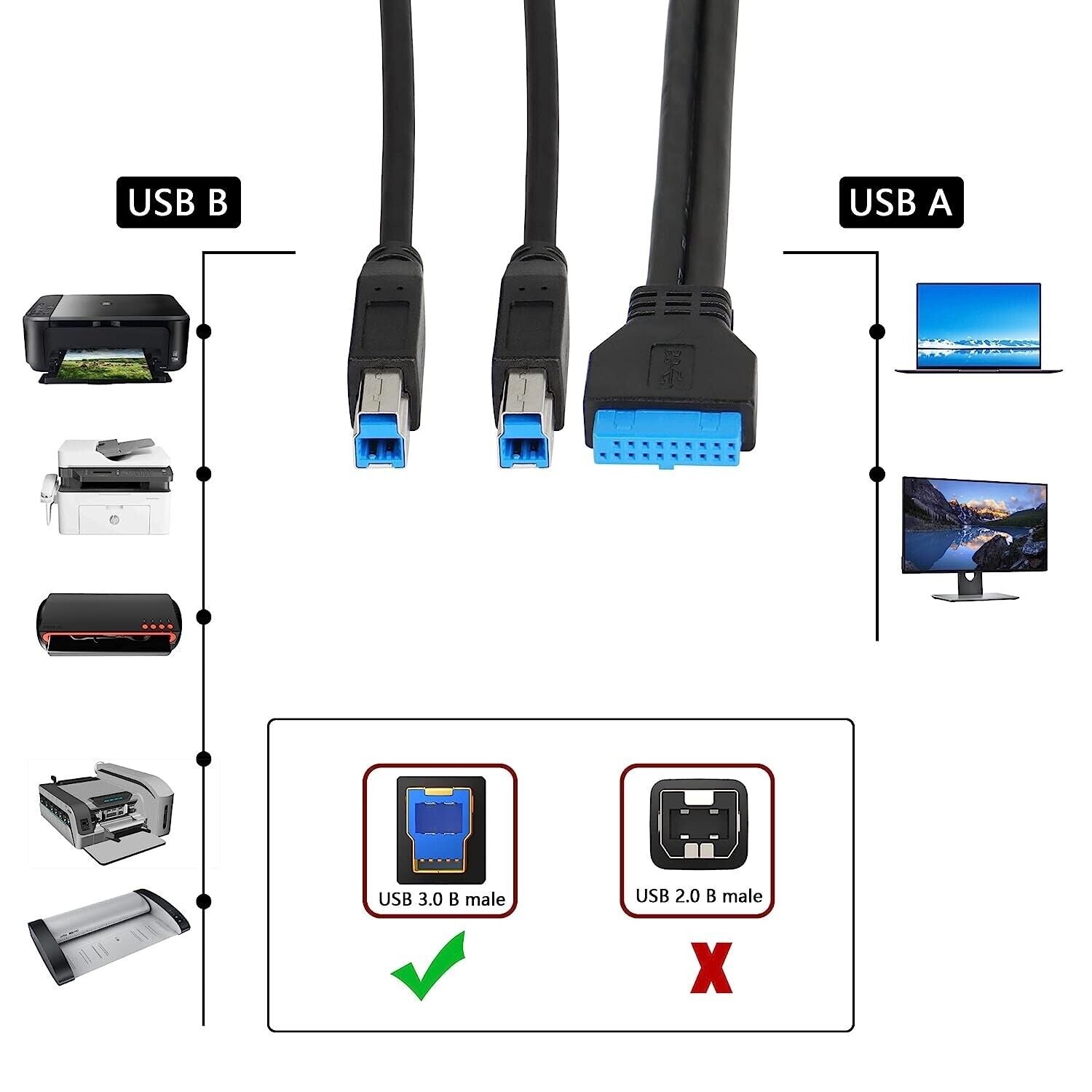 Internal USB 3.0 header expansion cable with dual Type B outputs