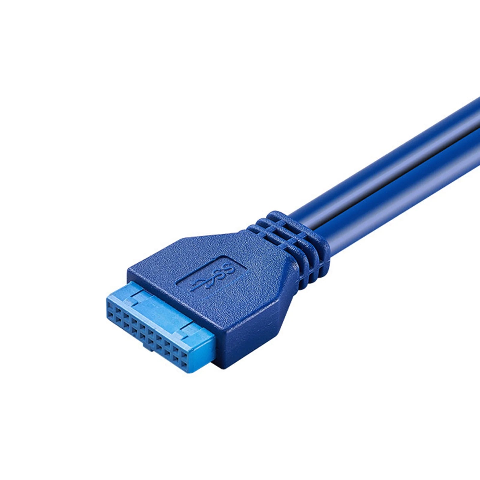 Blue USB cable connector on a white background