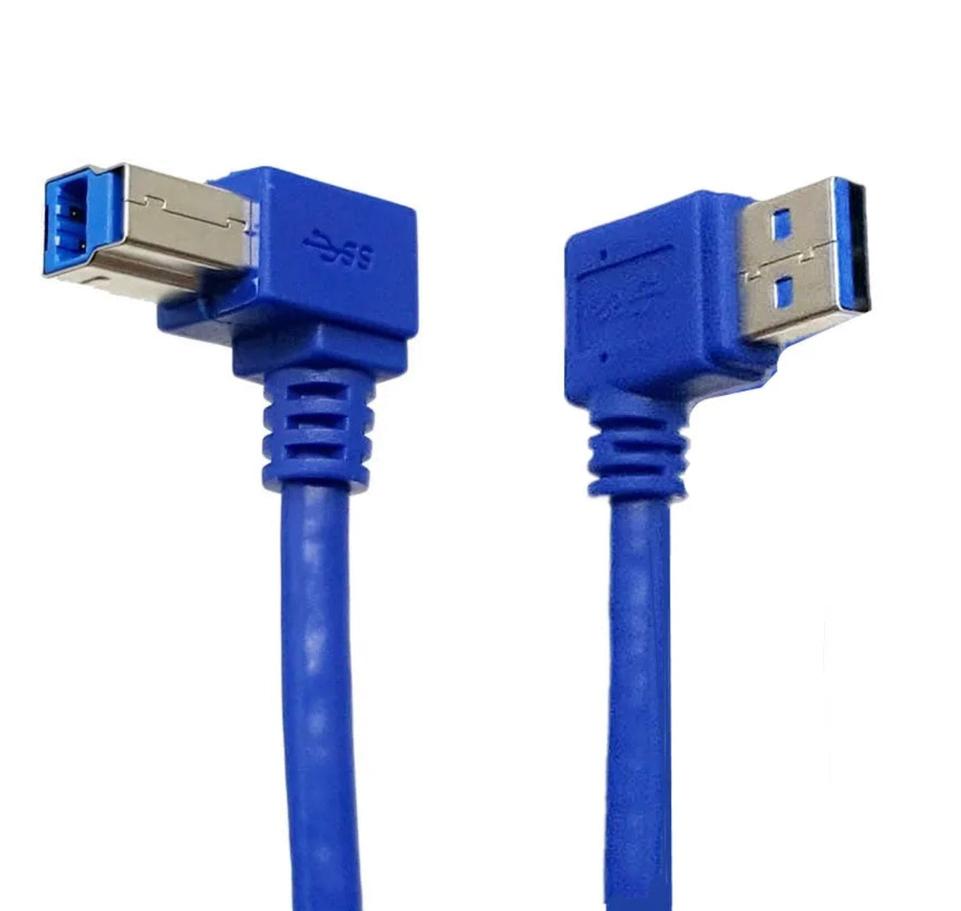 Close-up of USB 3.0 Type-A left angle connector and USB 3.0 Type-B right angle connector