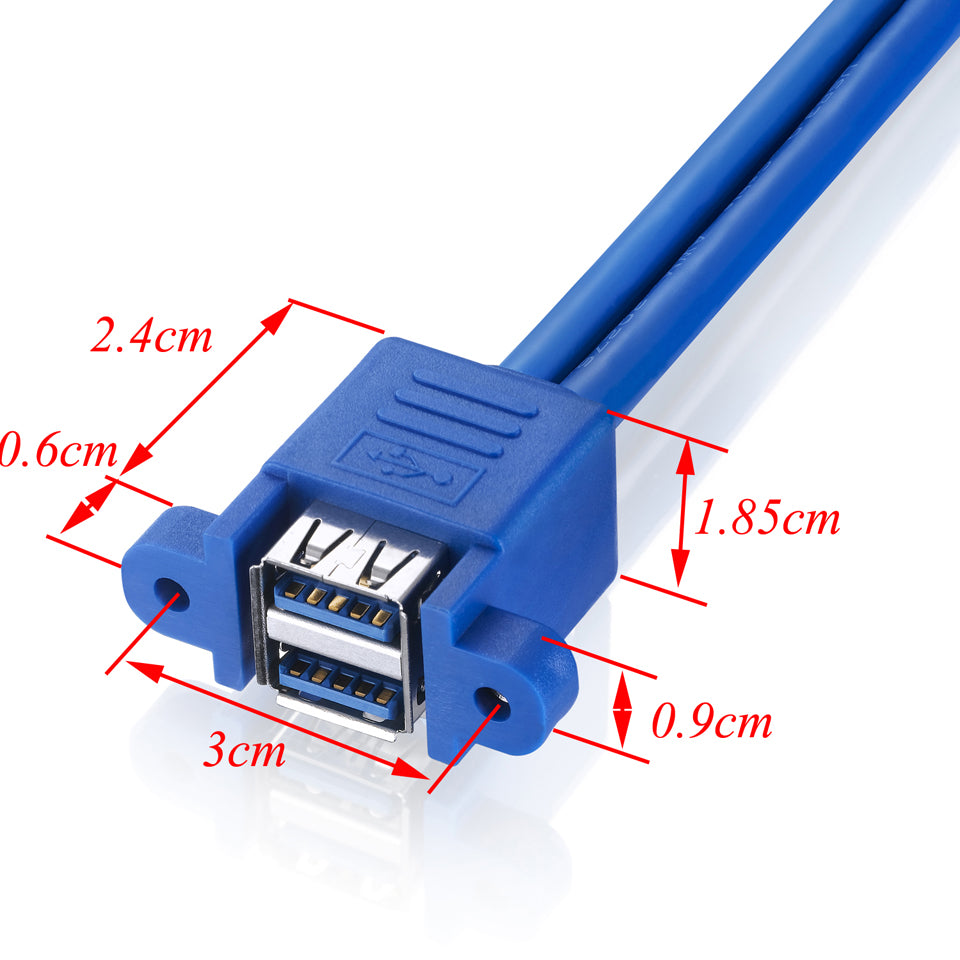 USB 3.0 panel mount extension cable showing connector dimensions
