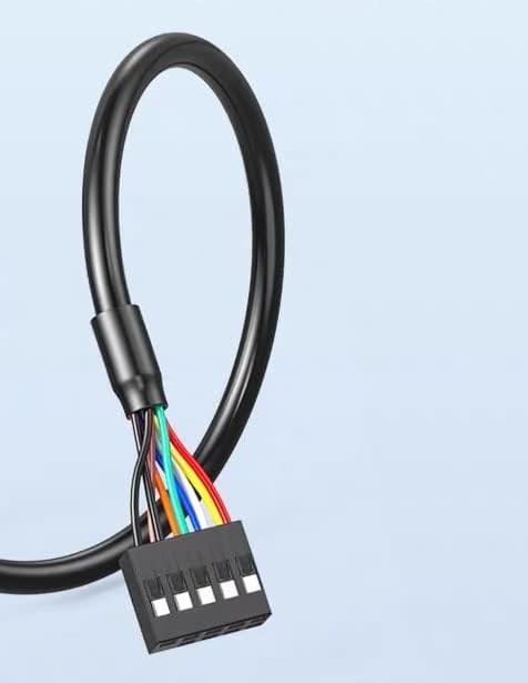 Cable with multicolored wires and a black connector on a light blue background
