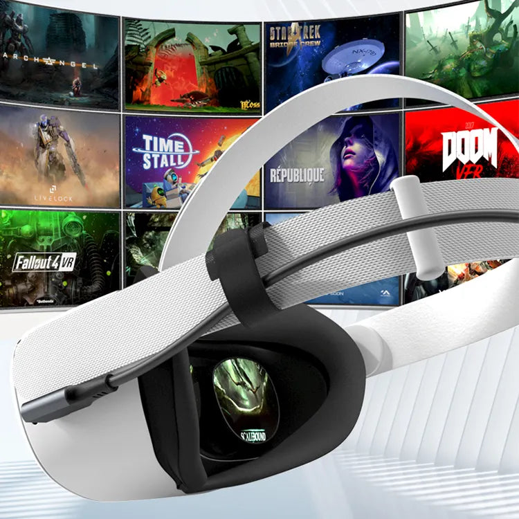 USB 3.0 Type-A to 90 degree angled USB-C VR Link cable connected between a gaming PC and VR headset for immersive virtual reality gameplay
