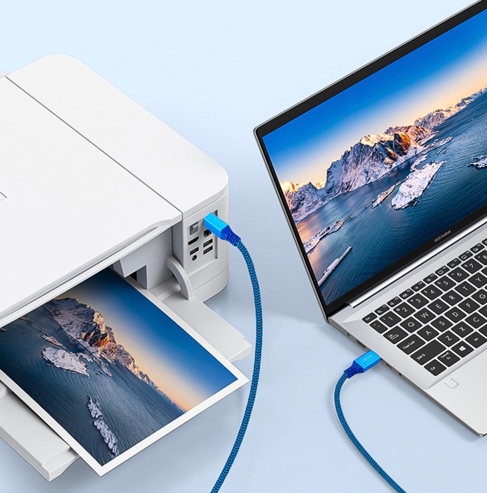 USB 3.0 Type-A to Type-B cable connected to a printer for high-speed data transmission