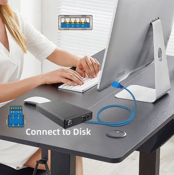 USB 3.0 Type-A to Type-B cable demonstrating SuperSpeed 5Gbps data transfer performance