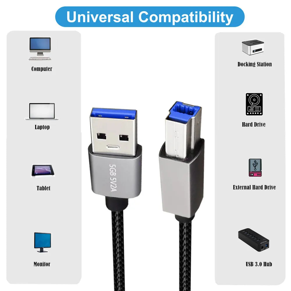 USB 3.0 Type-A to Type-B braided cable connected between a computer workstation and a USB 3.0 printer for high-speed data transfer