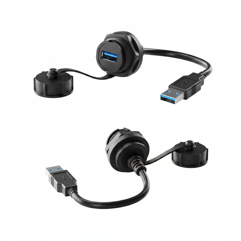 Black USB hub with multiple ports on a white background