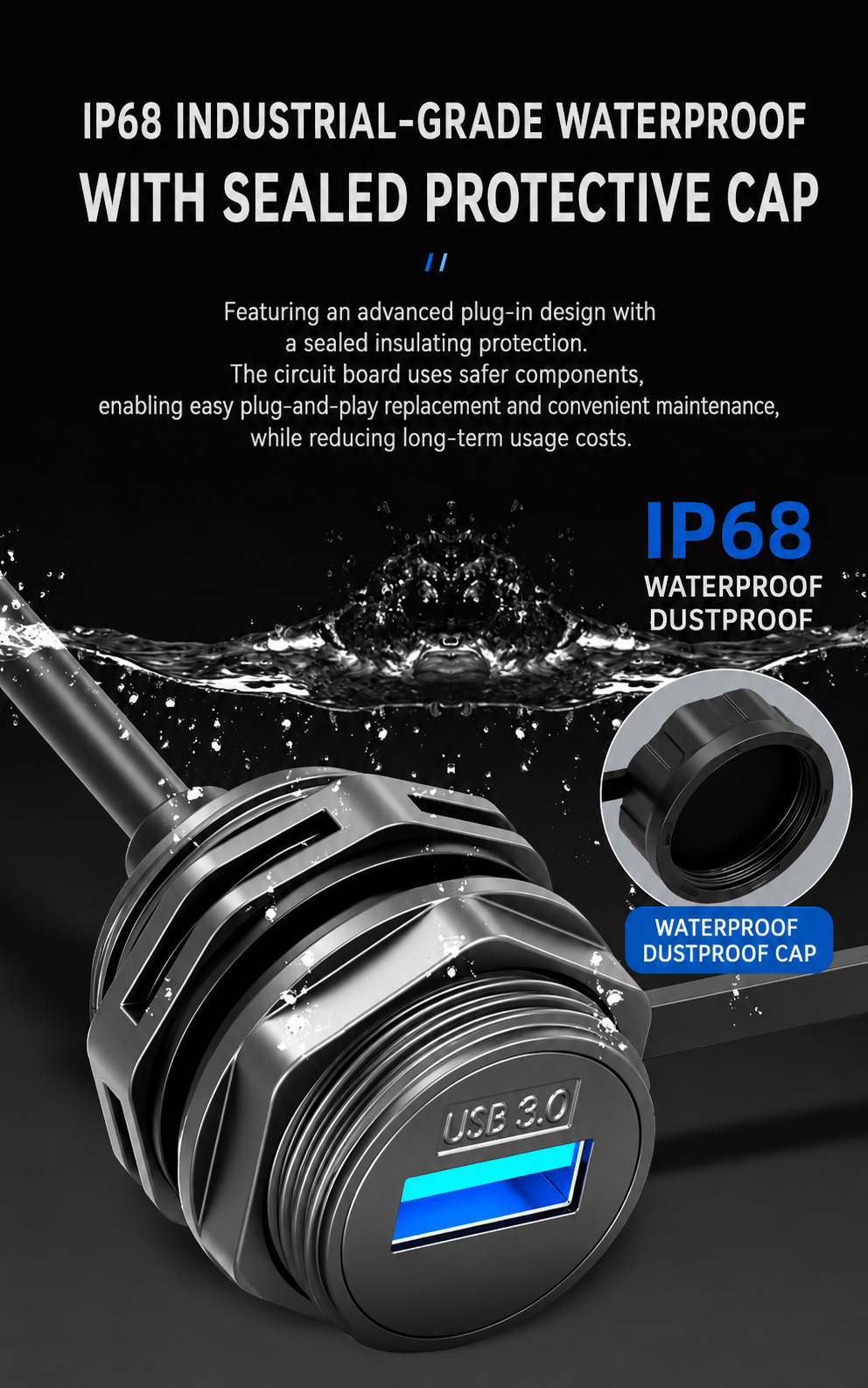 USB 3.0 plug with IP68 waterproof and dustproof features on a dark background