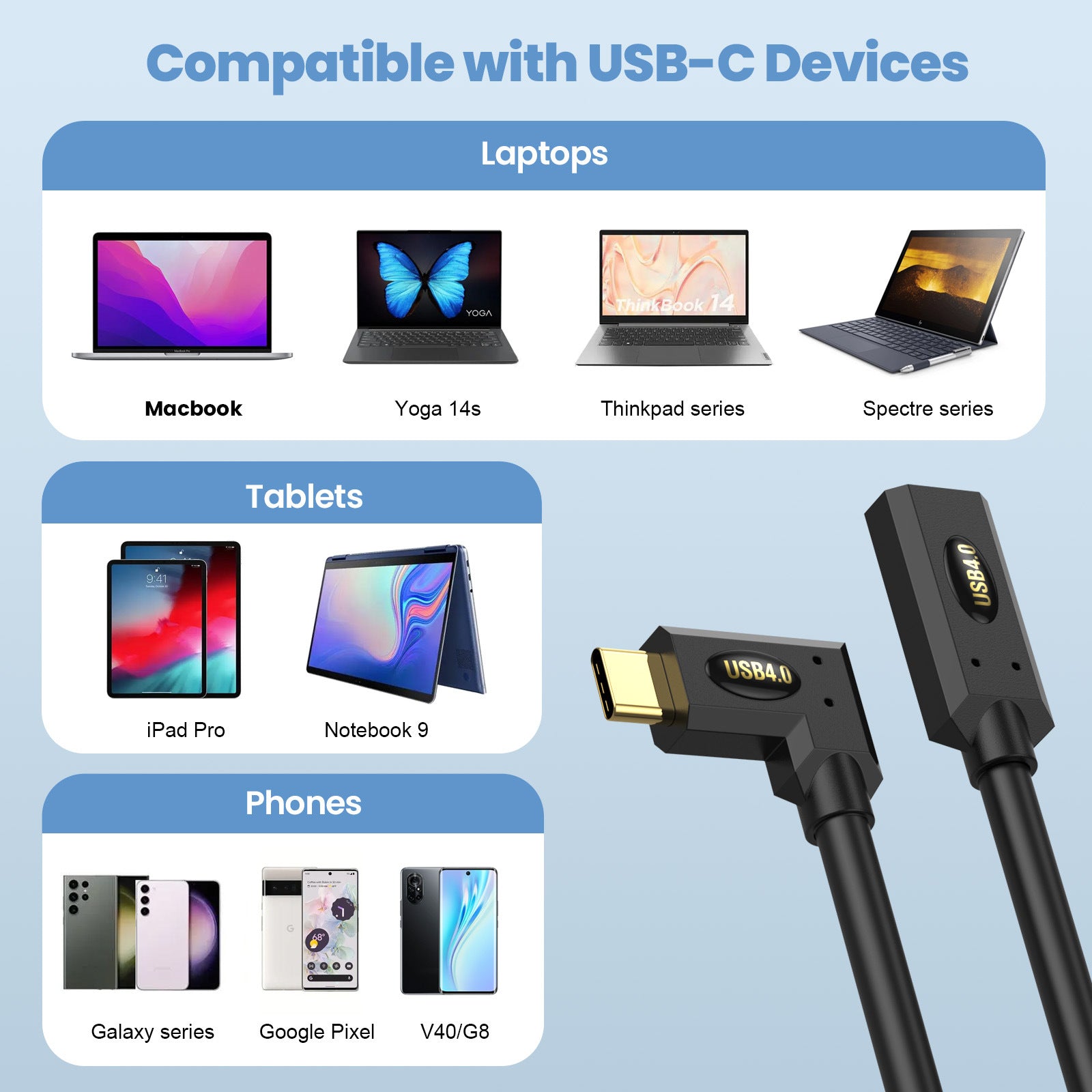 USB 4.0 angled extension cable supporting 8K Ultra HD video output