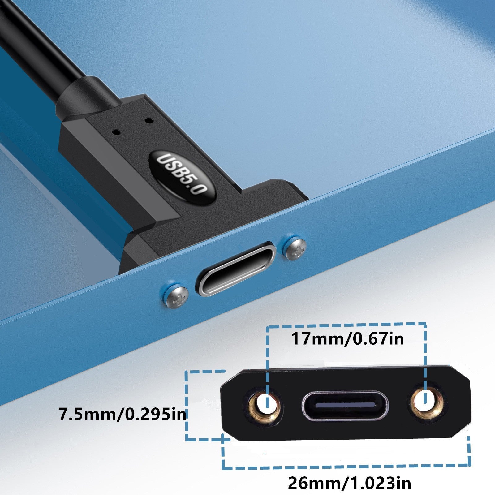 Close-up of a USB-C to USB-C adapter showing a USB-C port on a blue device with dimension annotations for the connector size.