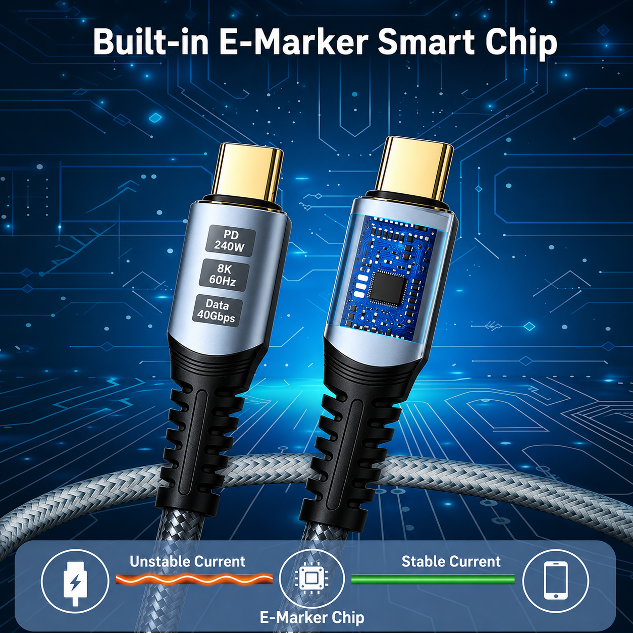 A close-up of a braided USB-C cable with two connector ends shown against a blue circuit-board background. One end is labeled with power specs (PD 24W, 5K 60Hz, Data 480Gbps), and the other shows a built-in smart chip module.
