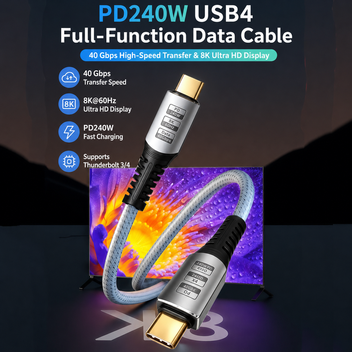 A promotional product graphic for a PD240W USB4 full-function data cable. The image shows two angled views of the cable connector and braided cable against a dark background with marketing text and icons for speed, bandwidth, charging, and Thunderbolt support.