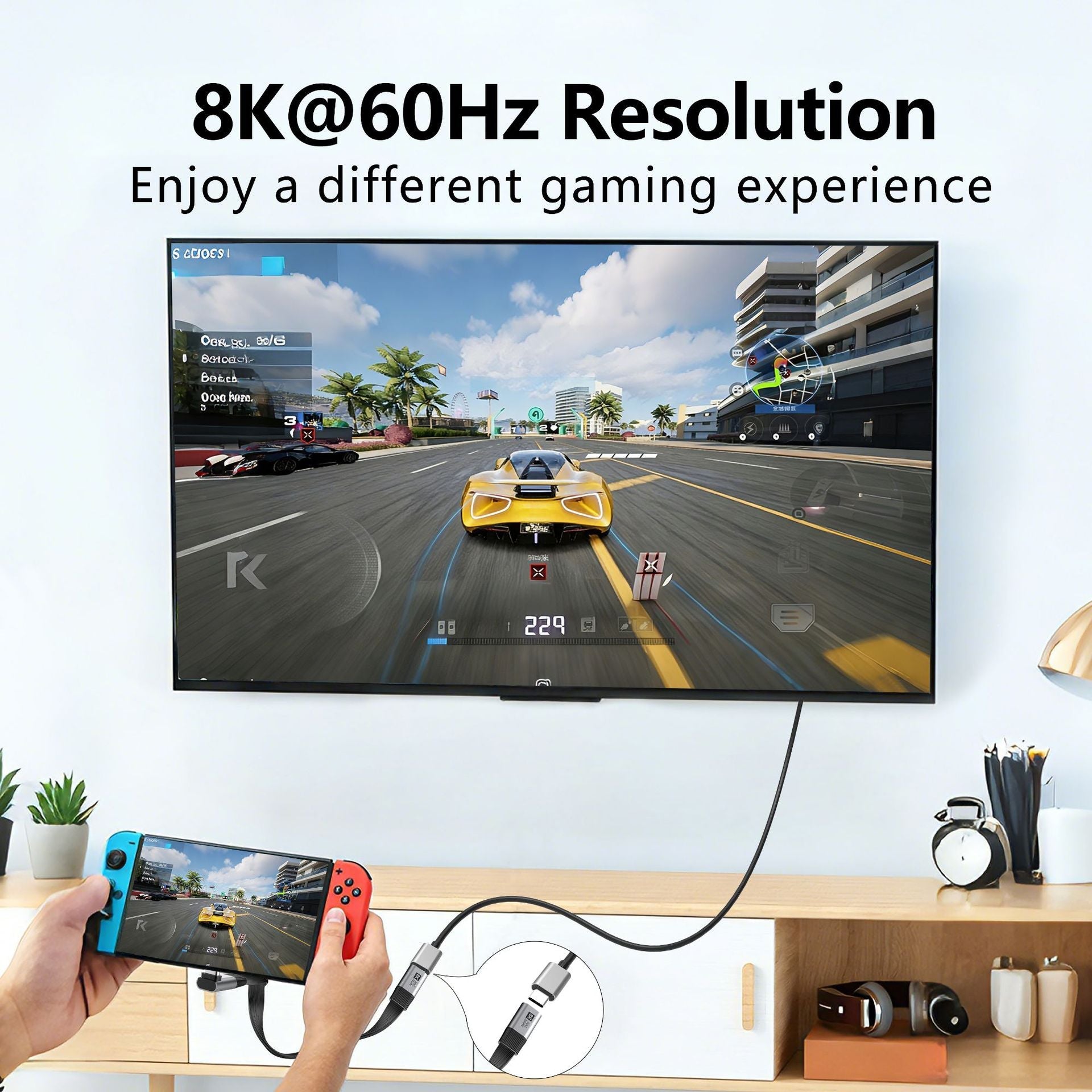 Person playing a racing game on a smartphone connected to a TV with 8K@60Hz resolution.