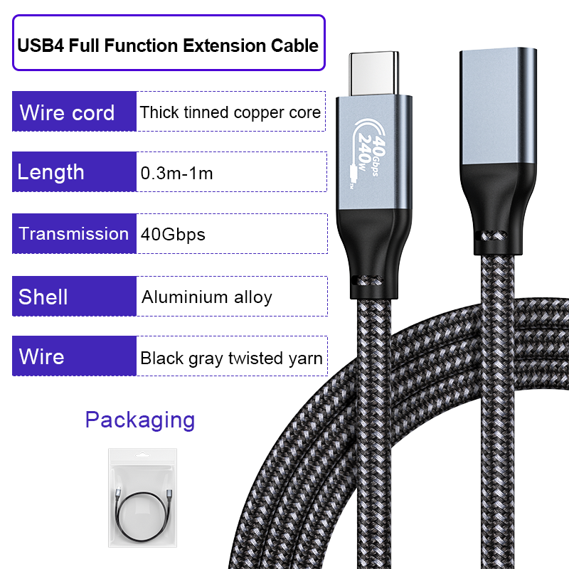 USB Type-C Extension Cable 40Gbps – USB-C Male to Female High-Speed Data & Charging Cord