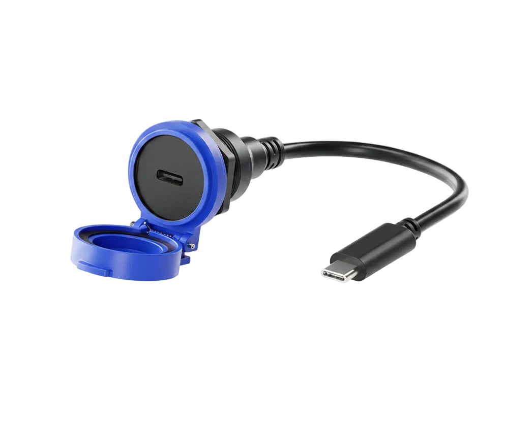 Blue and black USB-C adapter on a white background