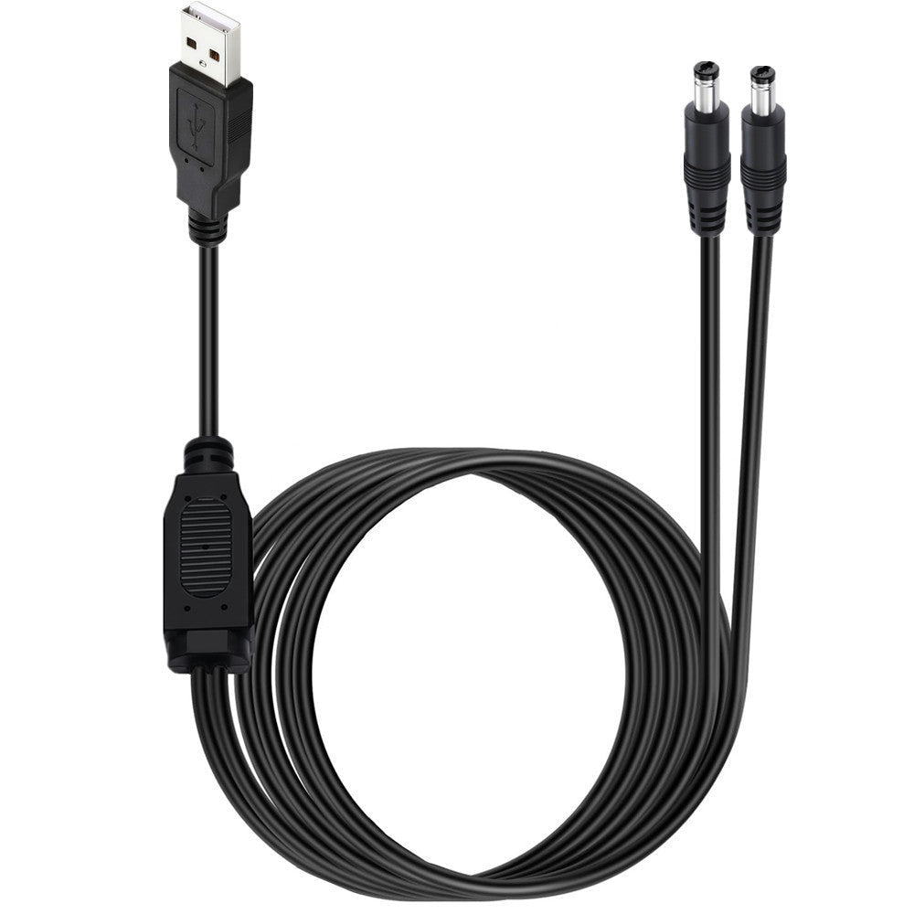 Black USB cable with two DC power connectors on a white background