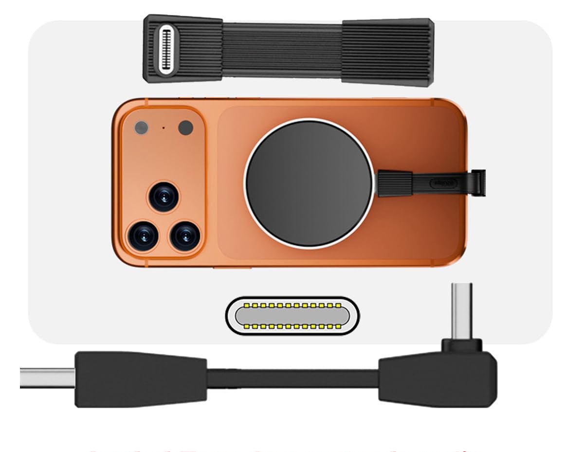 Orange electronic device with black strap and angled type connector on a white background