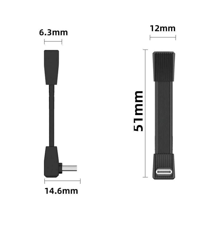 Black Type-C cable with specifications and dimensions on a white background