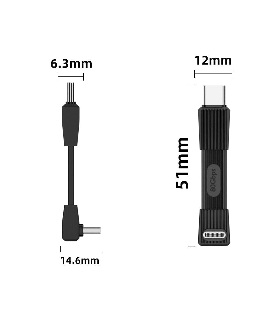 Black Type-C cable with specifications on a white background