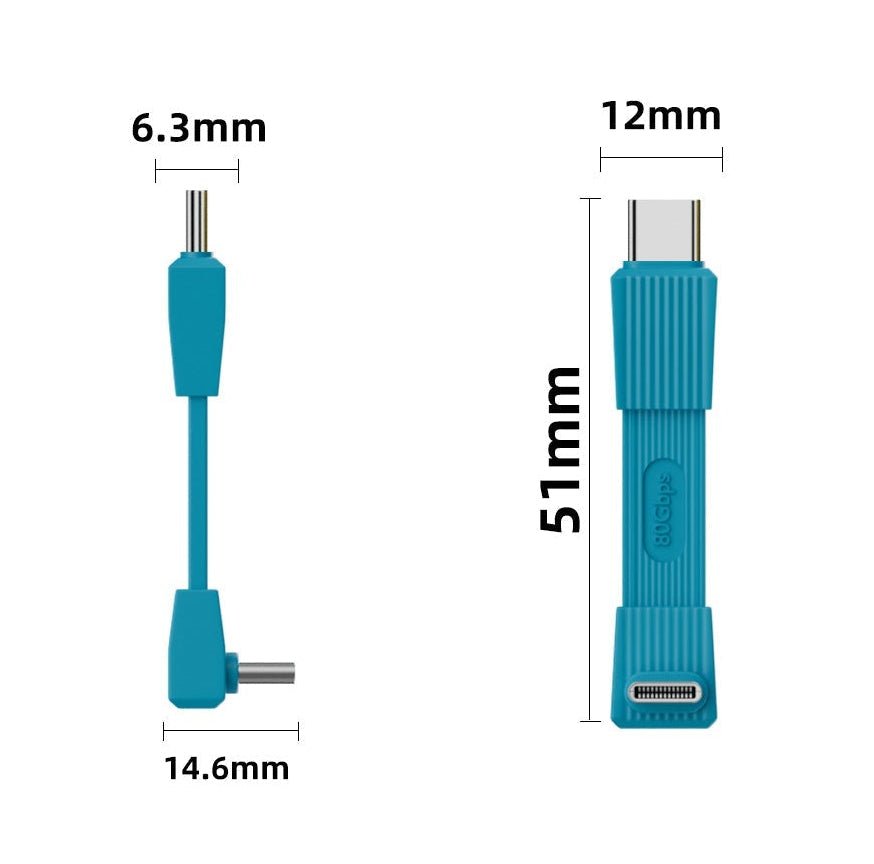 Blue Type-C cable with specifications on a white background