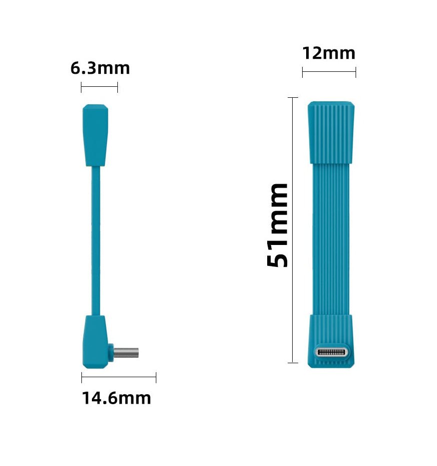 Blue Type-C cable with dimensions and specifications on a white background