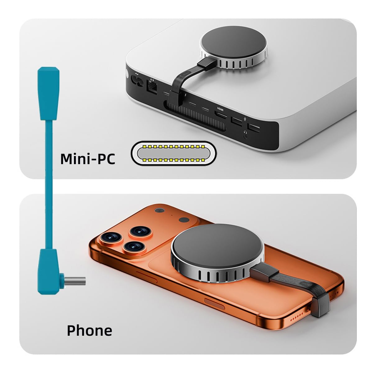 Mini-PC and phone with a magnetic docking station on a white background