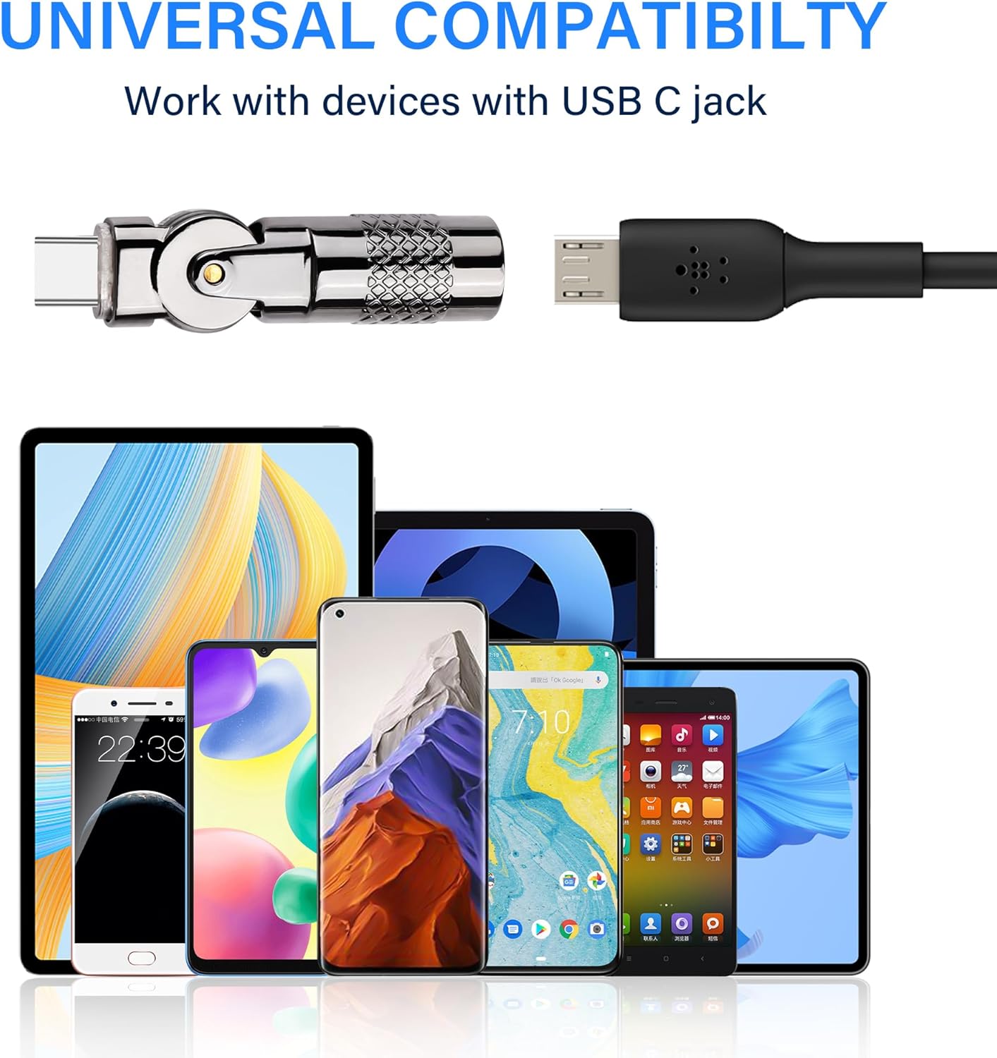 Micro USB to USB C Adapter, Micro 5Pin Female to Type C Male Rotation Converter