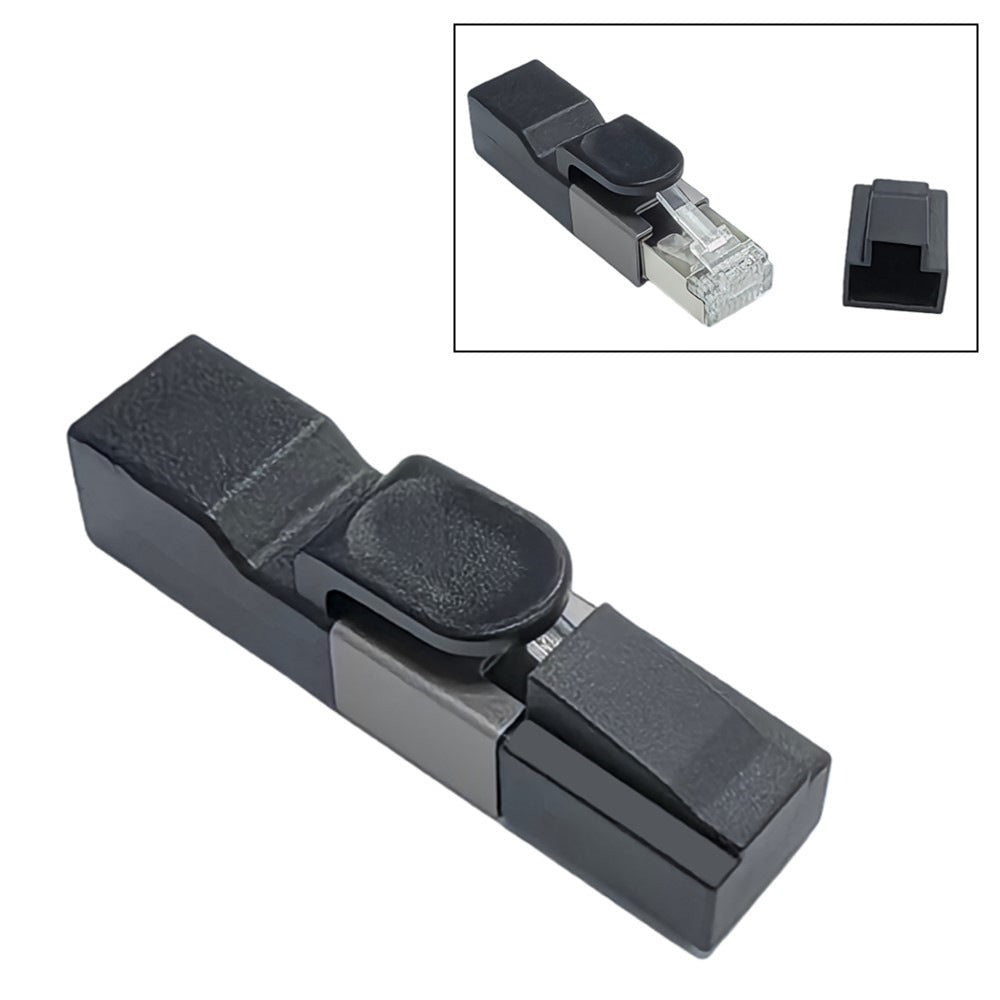 Black network cable crimper tool with close-up inset on a white background