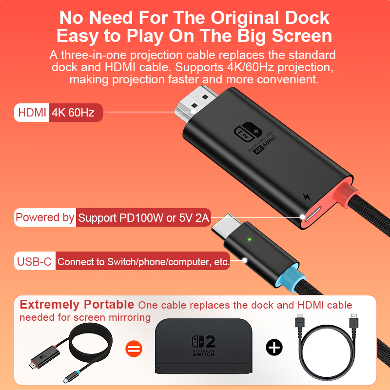 USB-C to HDMI Cable with PD100W Fast Charging – 4K 60Hz Adapter for Nintendo Switch, Phones, Tablets & Laptops