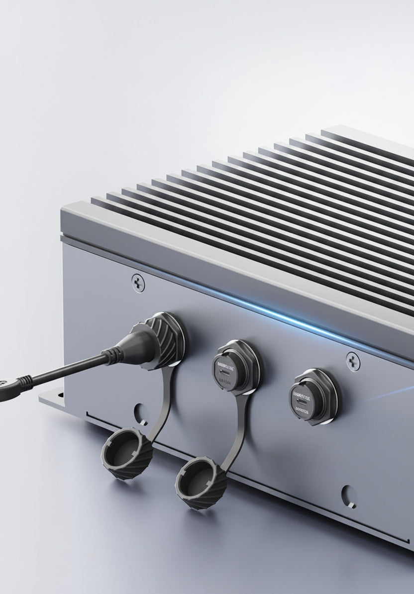 Close-up of a metallic electronic device with connectors on a light gray background