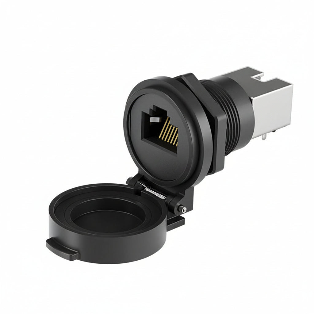 Waterproof RJ45 panel mount Ethernet connector front view