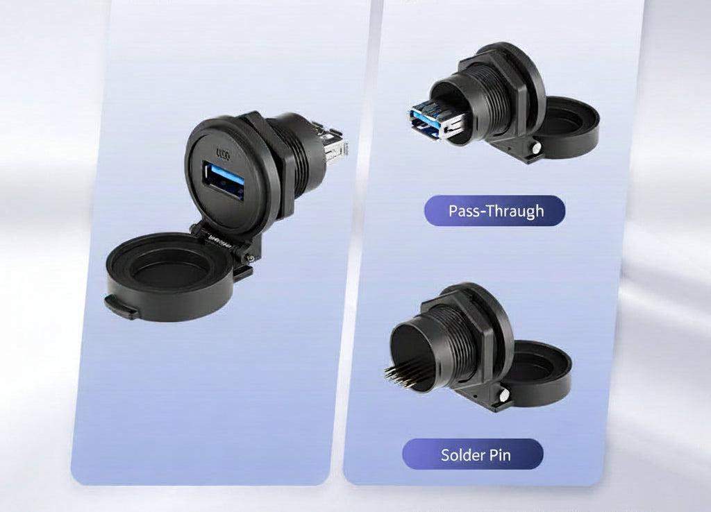 USB connector with front and back views on a light blue background