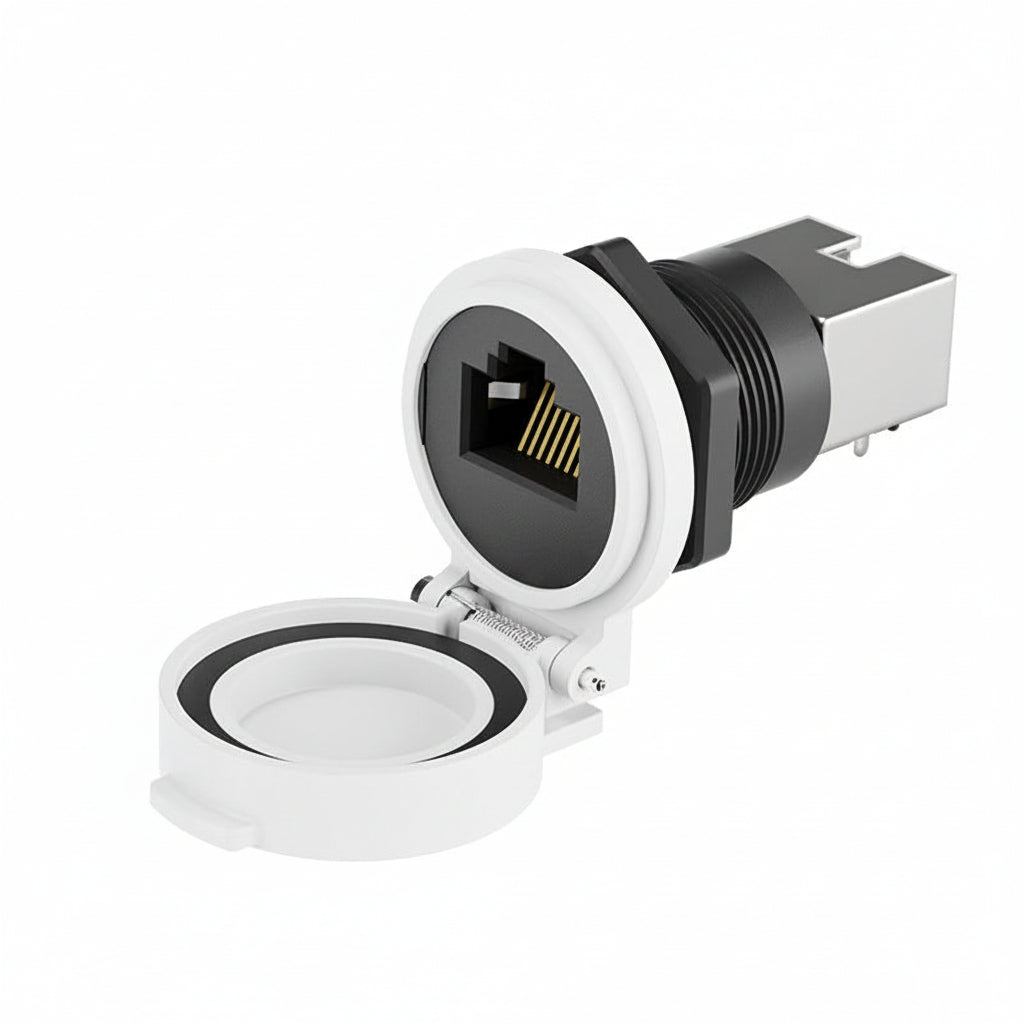 White waterproof RJ45 panel mount Ethernet connector
