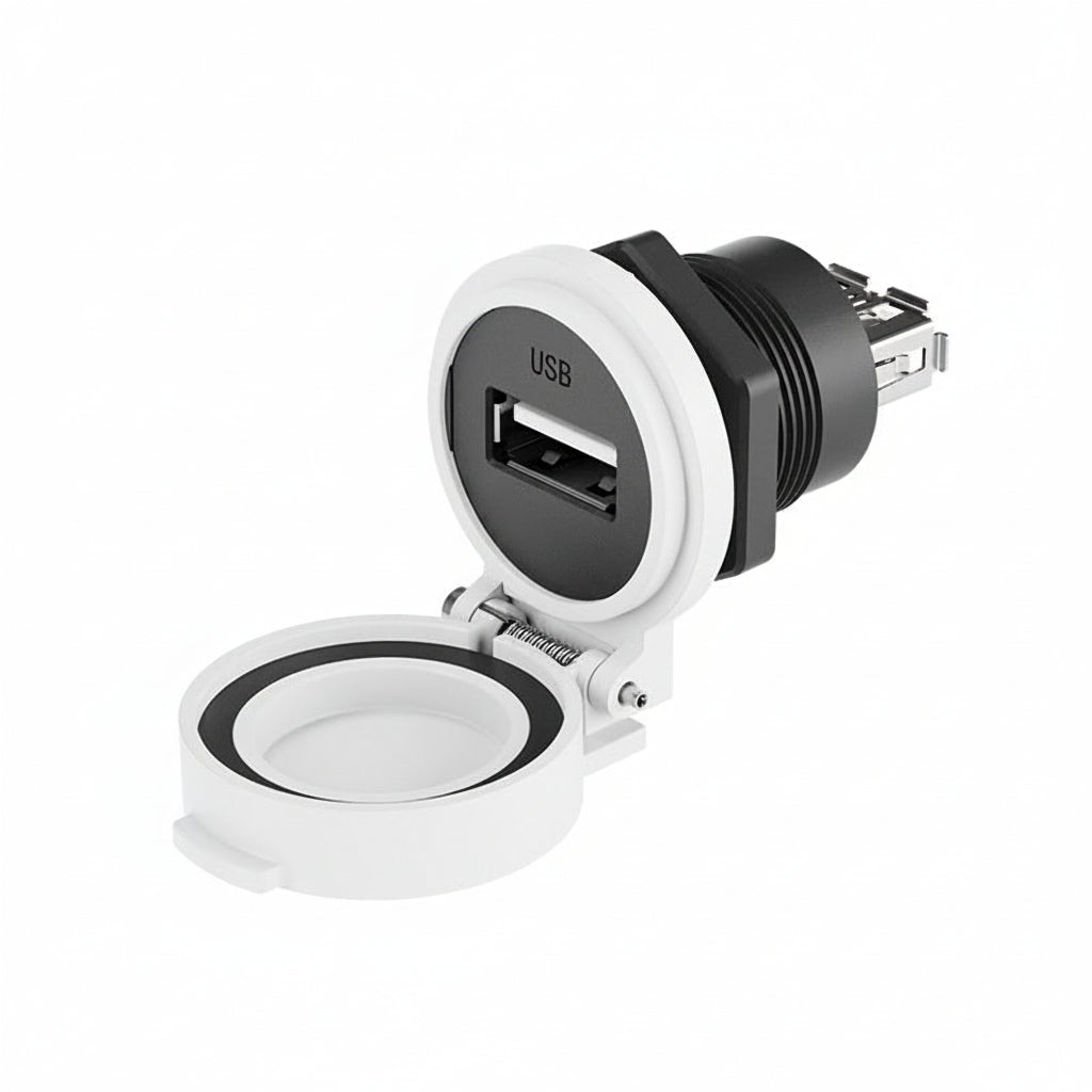 White USB panel mount connector with protective cover