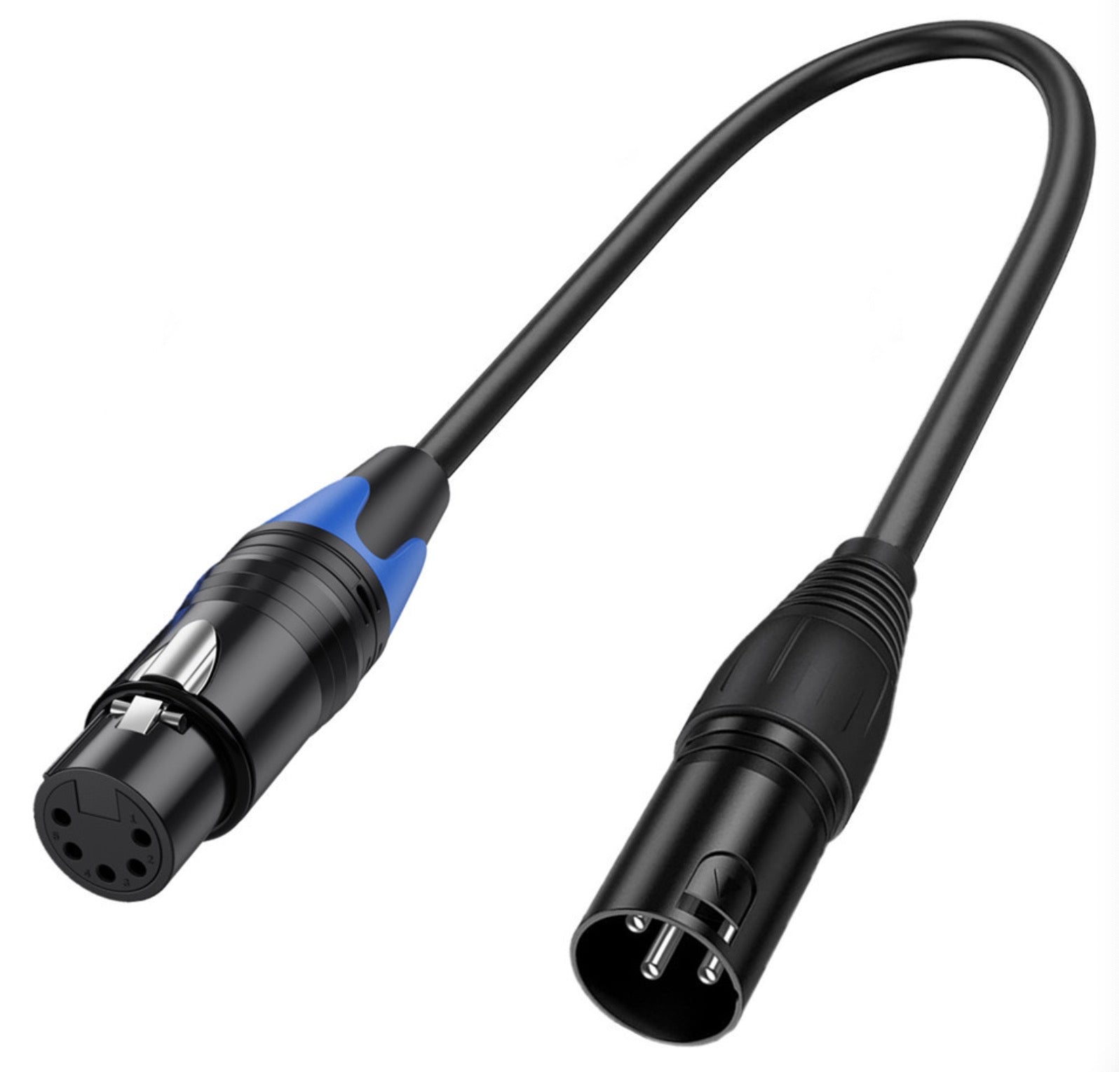 XLR 3 pin male to XLR 5 pin female adapter cable showing flexible cable construction