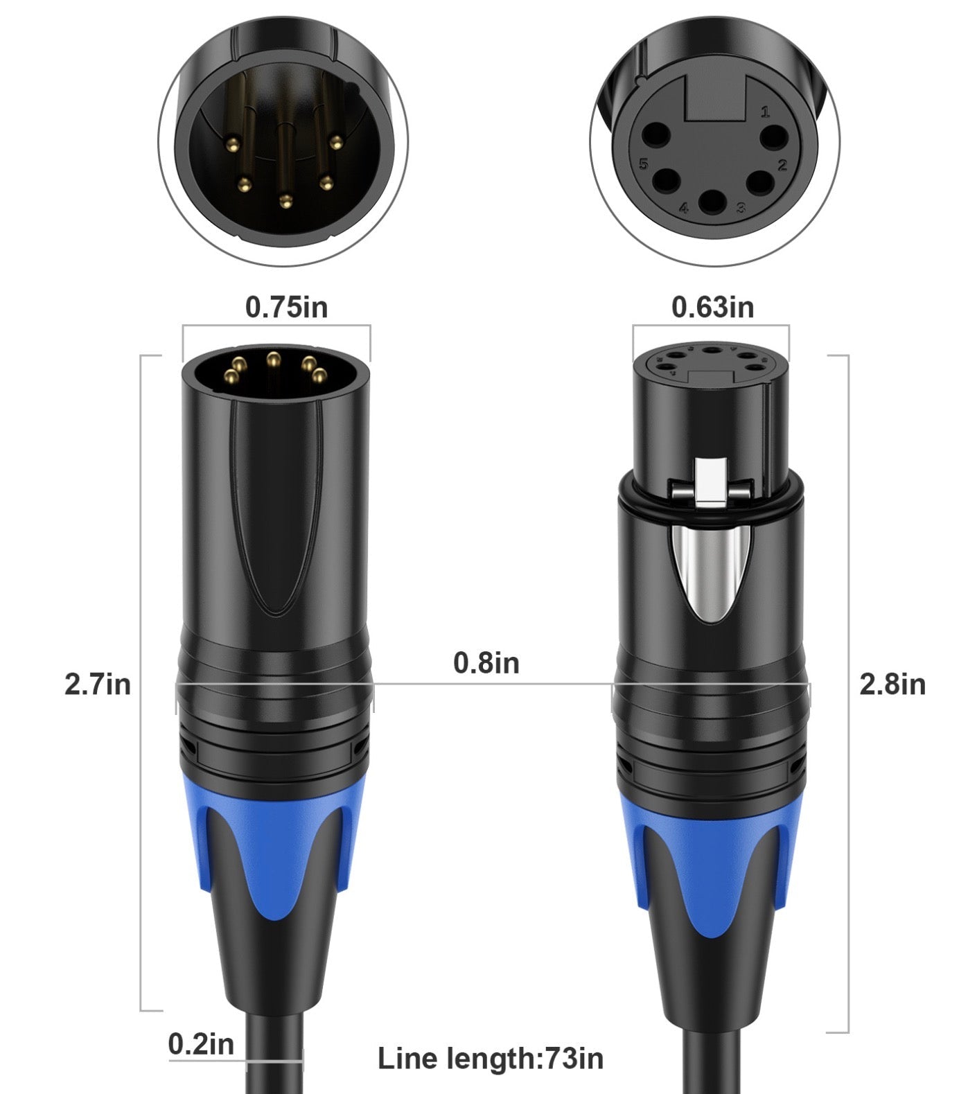 XLR 5 pin male and XLR 3 pin female connectors showing adapter cable configuration