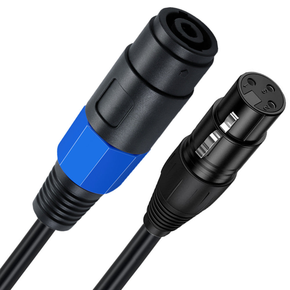 XLR cable with black and blue connector close up