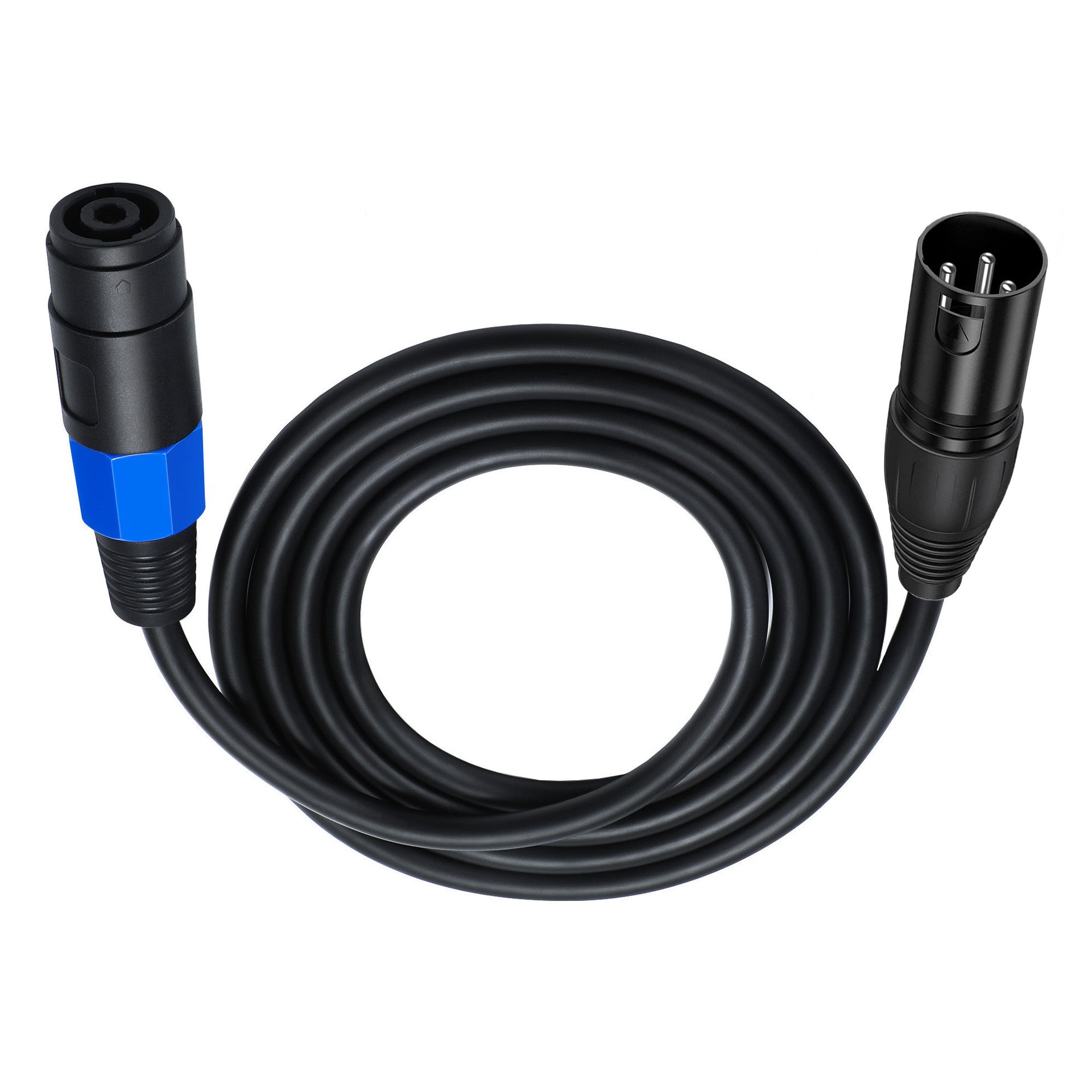 XLR cable with black and blue connector close up