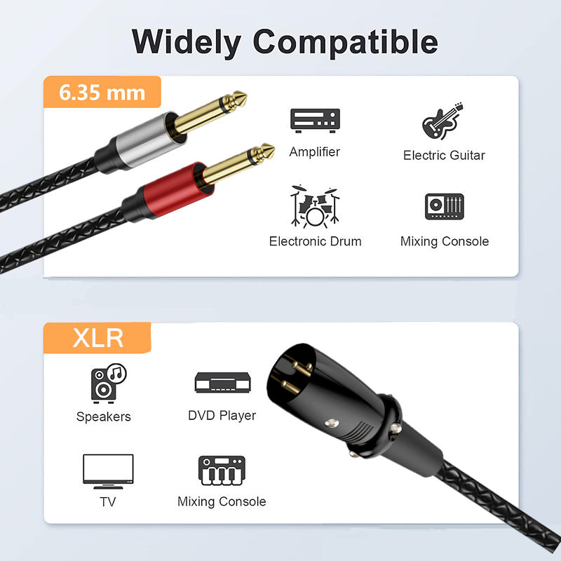 Black braided audio cable with gold-plated connectors, shown with text indicating 6.35 mm and XLR compatibility, plus icons for amplifier, electric guitar, electronic drum, mixing console, speakers, DVD player, TV, and mixing console.