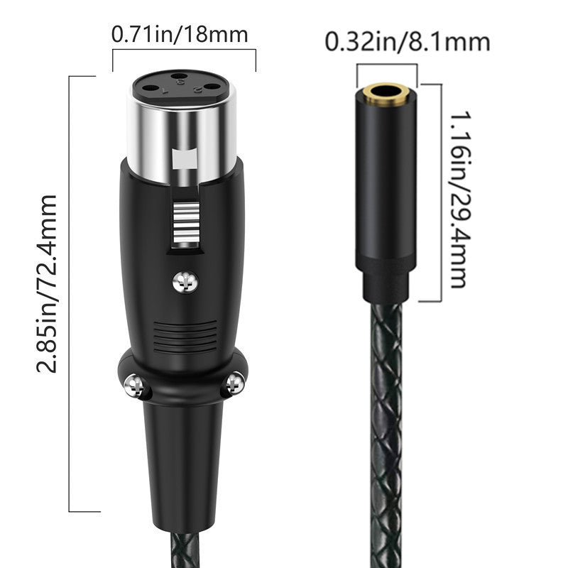 Measurement chart of audio cable connectors with dimensions labeled.