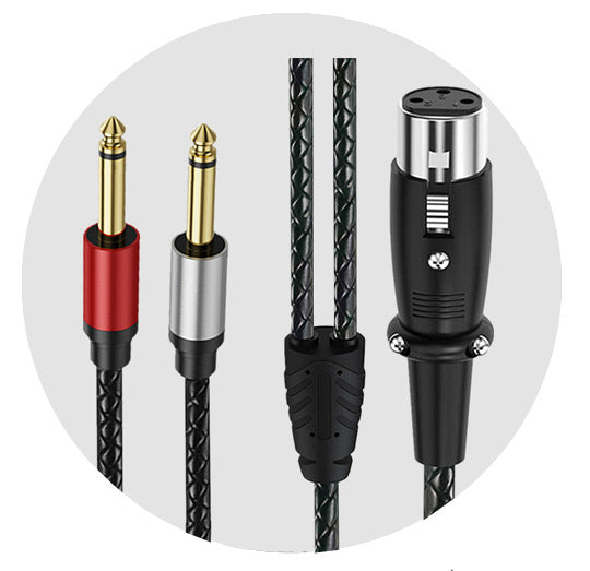 A close-up of a black braided audio cable with a 3.5mm jack adapter (red and silver rings, gold-plated plug) and a black XLR connector with a silver metal shield, shown inside a light gray circular frame.