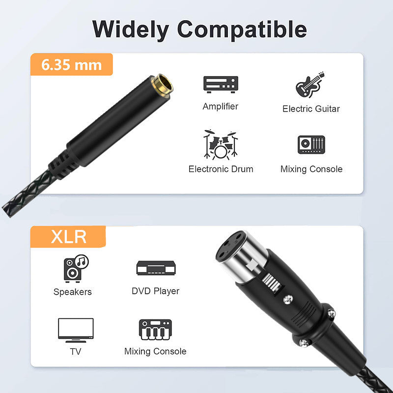 Black XLR audio adapter cable shown in two close-up views on a light gray background, with text reading 'Widely Compatible' and labels indicating compatibility with 6.35 mm devices, amplifiers, electric guitars, electronic drums, mixing consoles, speakers, DVD players, and TVs.