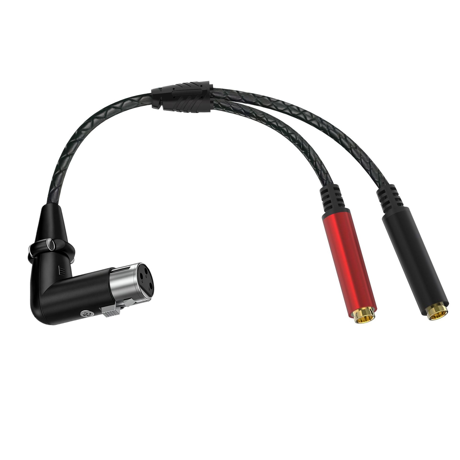 Right-angle XLR female cable with two straight 6.35mm TRS female sockets